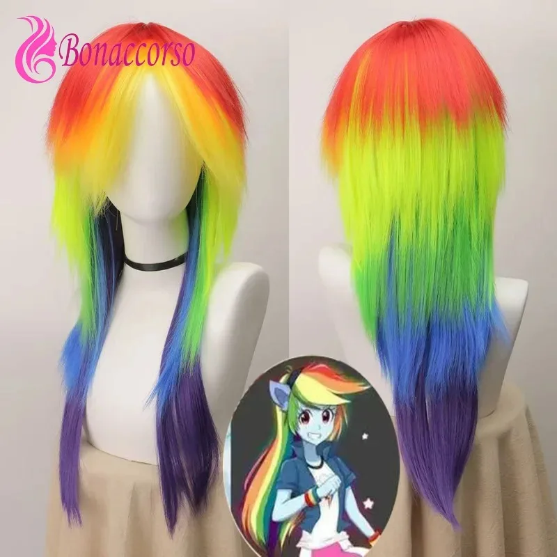 

Pony Friends Rainbow Dash Cosplay Wig Ombre Colorful Synthetic Long Straight Wig Cute Girl The Pony Cartoon Anime Coser Wig