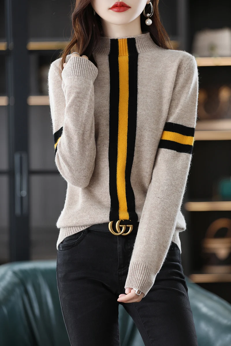 

100% Merino Wool Sweater Basic Mock-Neck Stripe Cashmere Pullover Women Warm Long Sleeves Clothing Comfort Leisure Top