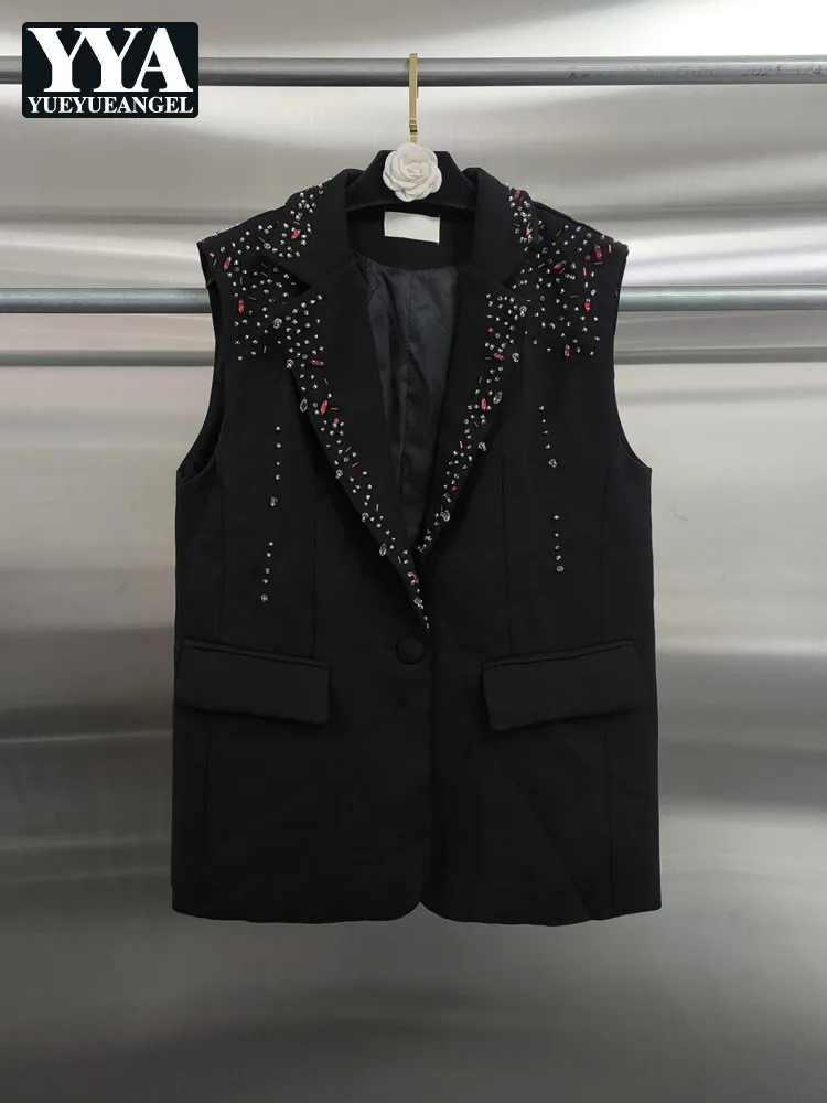 Elegant Office Ladies Fashion Solid Color Suit Vest Lapel Single Button Sleeveless Jacket Diamonds New Summer Women Waistcoat