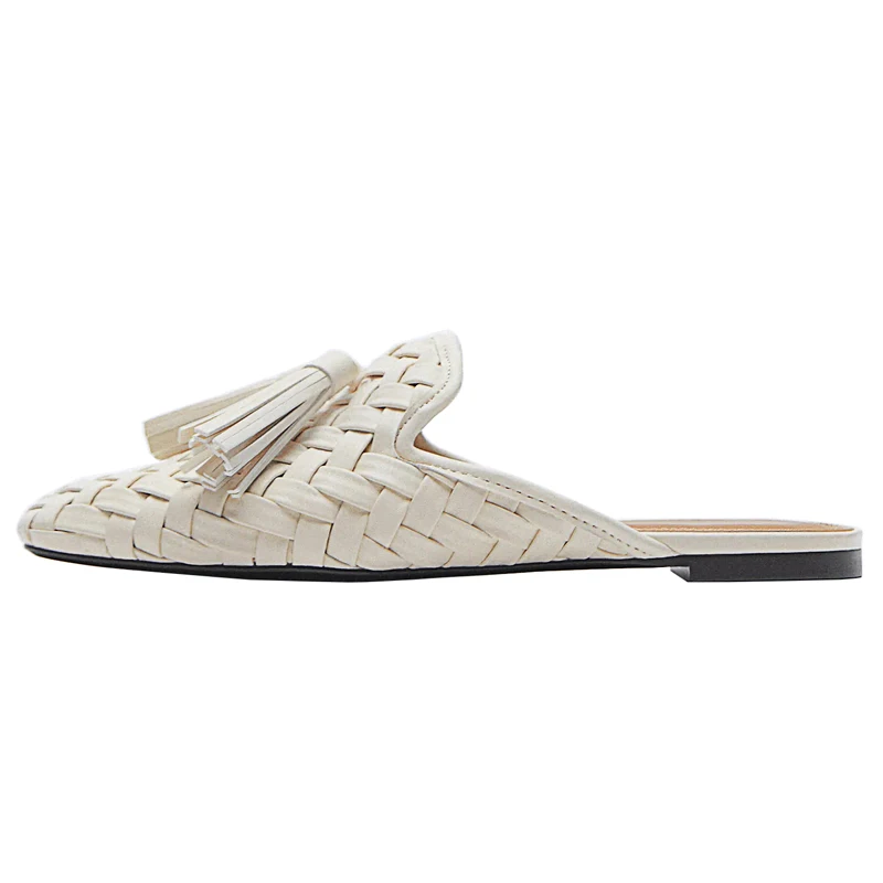 Summer 2023 Tassel Fringe Casual Flats Weave Slippers Mules Slides Hollow Out Bohemia Shoes Outdoor Women Woven Flip Flops
