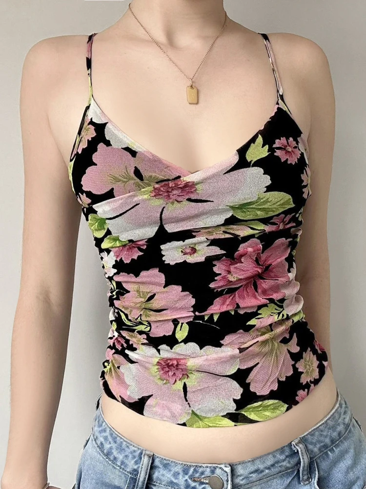 Top de Mujer Amyway con Estampado Floral Vintage, Cuello ter, Sin Mangas, Escote Bajo, Estilo Retro Sexy, Ropa Casual, Mez...