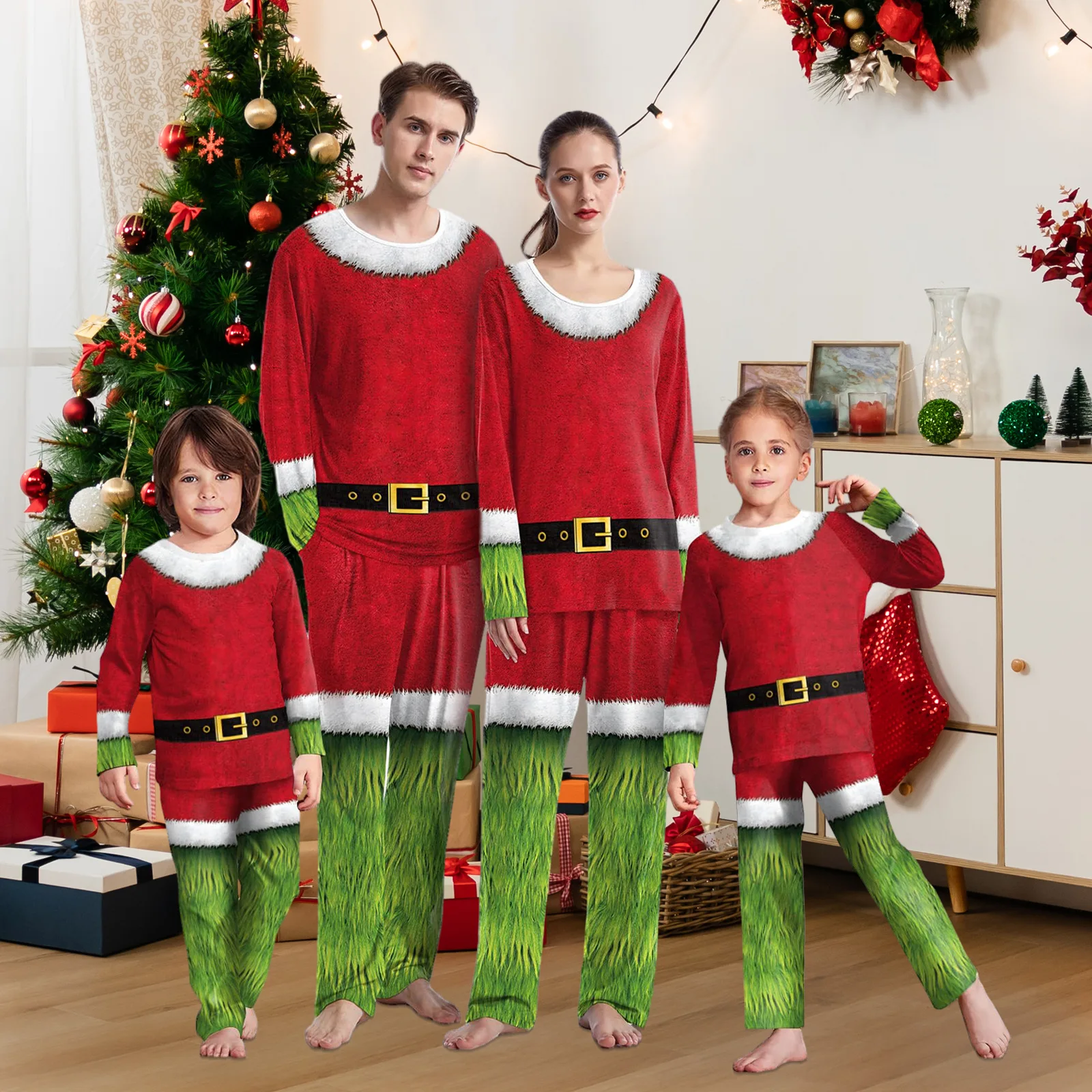 Christmas Santa Claus Green Monster Pyjamas Cute Adult Kids Nightwear Family Matching Outfits Xmas Sleepwear Baby Romper