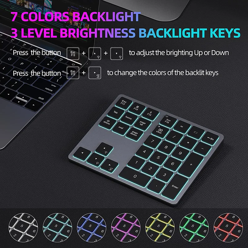 34Keys 7-Color Backlight Numeric Keypad Backlit Bluetooth Wireless Number Pad for Laptops Computers Ipad PC