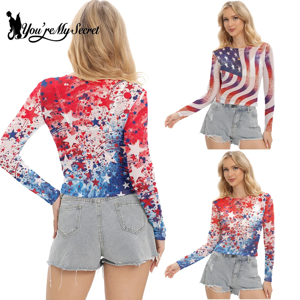 [You're My Secret] Chemises en maille imprimées drapeau américain pour femmes, hauts patriotiques pour fête de la fête de l'indépendance, chemises transparentes à manches longues pour la plage