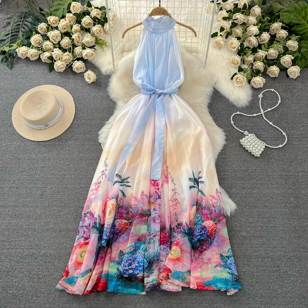 ALPHALMODA 2024 New Halter Neck Sleeveless Women Fashion Bohemian Printed Dress Ladies Beach Vacation Long Dress