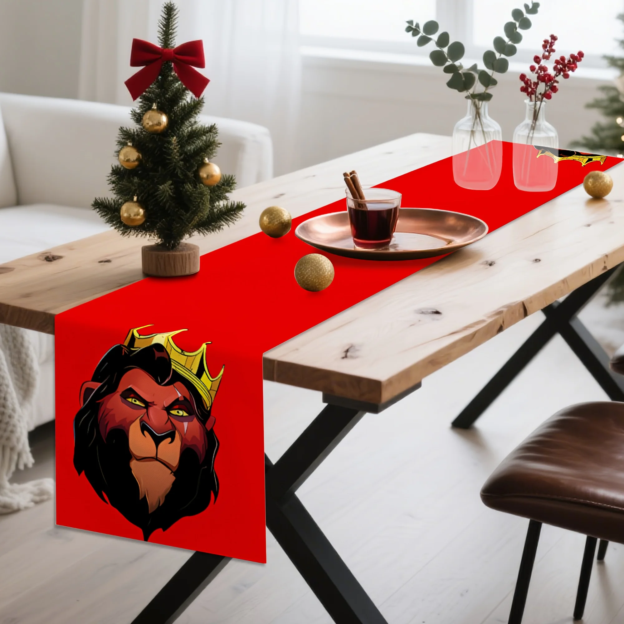 قطعة واحدة من مفرش طاولة على شكل شرير الأسد الملك، خلفية حمراء مع صورة مخيفة، مناسبة لحفلات ديزني، تجمعات مروحة الرسوم المتحركة، إلخ