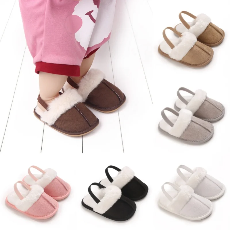 Winter Baby Slippers Fluffy Baby Boy Girl Sandals Cute Flower Embroidery Soft Non-slip Sole Toddler First Toddler Baby Shoes