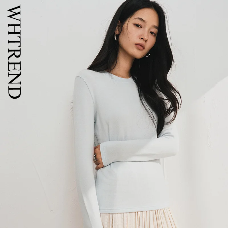 

WHTREND Базовая футболка для женщин, осень-зима 2022, новая простая однотонная теплая рубашка с круглым вырезом и длинными рукавами, топ WH1617