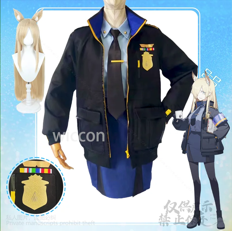 Anime Game Blue Archive Comic Con Kanna Sexy Costume Dress Black Yellow Coat Tie Set Wigs Furry Earwear Halloween Cos Customized