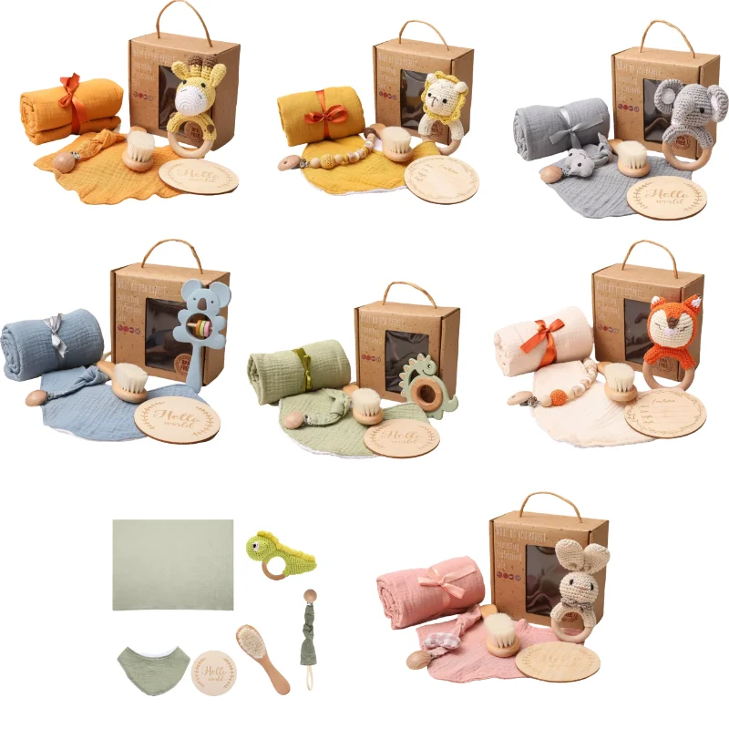 

6 in 1 Baby Gift Set Soft and Breathable Blanket with Soothing Grasp Toy Burp Cloth Pacifier Clip Chain & Board