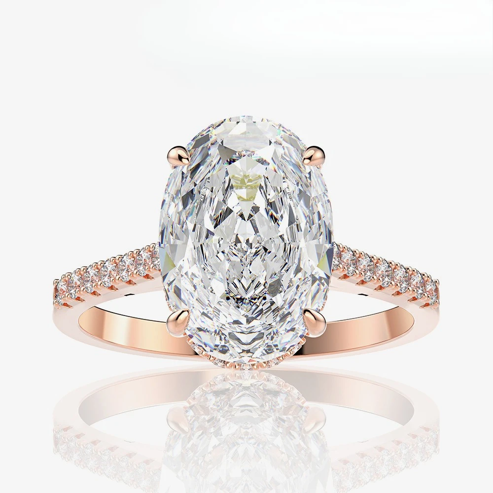 New Rose Gold 925 Silver Simulated Diamond Elliptical 9 * 13 Ice Flower Cut Diamond Bottom Cut 4-carat Ring Wedding Jewelry