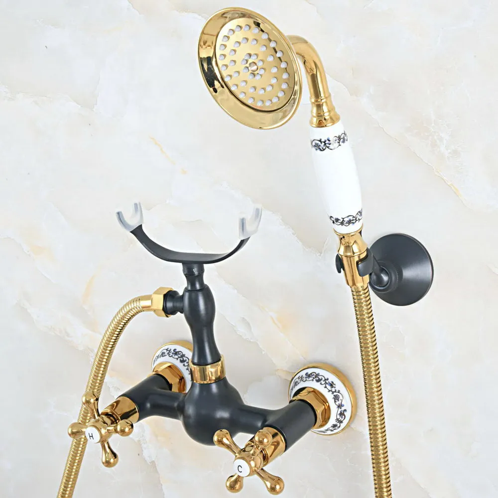 

Gold & Black Oil Rubbed Brass Wall Mount Bathtub Faucet with Handheld Shower Set +1.5M Hose Mixer Tap 2na536