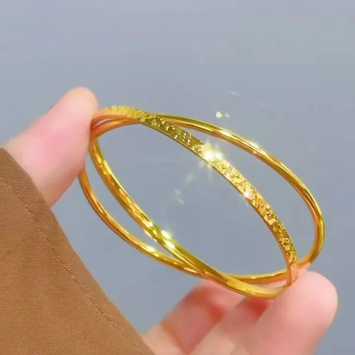 9999 gold bracelet women's internet celebrity same broken ice pattern 24K real gold fashionable versatile double ring bracelet - Image 4