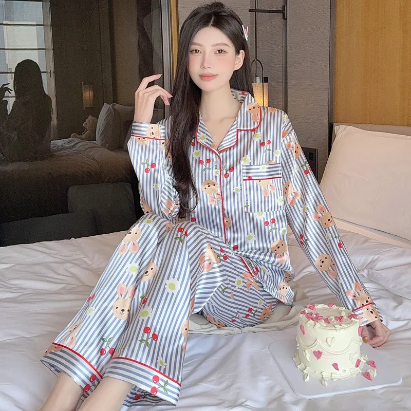

Women's hot selling lace long sleeved sleepwear home suit set, spring striped cartoon loose long sleeved pants sleepwear set
