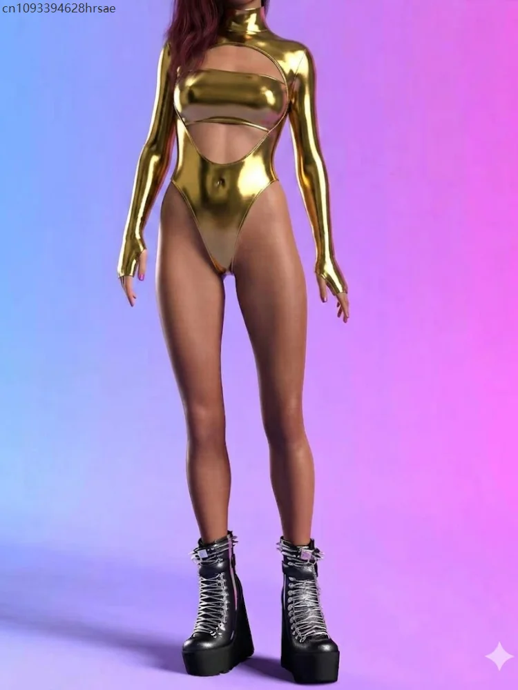 Women Shiny Bodysuit Turtleneck Long Sleeve Hollow Out Cutout Leotard Rave Festival Cosplay Outfit Beach Surfing Swimsuits view 3