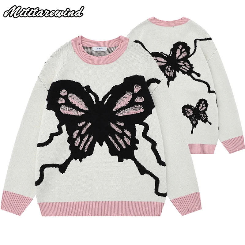 Autumn Winter Couple Sweaters Casual Loose Sweet Cute Butterfly Jacquard Crew Neck Knitted Sweater Hole Oversized Knitwear Women