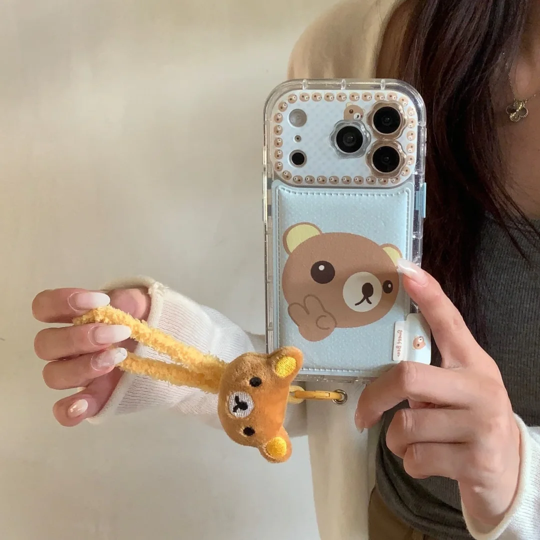 

Luxury Cute Couple Sweet Bear Plush lanyard Phone Case For iPhone 17 16 15 14 13 Pro Max 15Plus Air Transparent Protection Cover