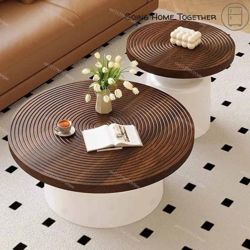 Nested Round Coffee Table Cover - Walnut Corrugated Top with White Base - Modern Living Room Center Tables for Home Decor