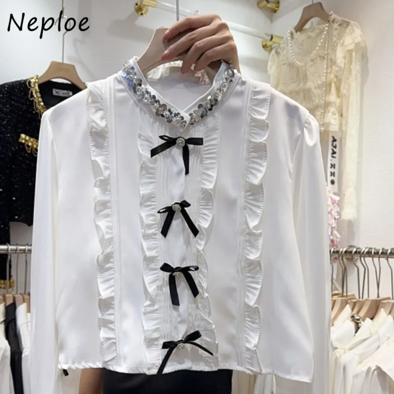 Neploe 2025 Early Spring Fashion Elegant Blouses Femme French Vintage Sexy Nail Diamond Bow Decoration Palace Style Shirts