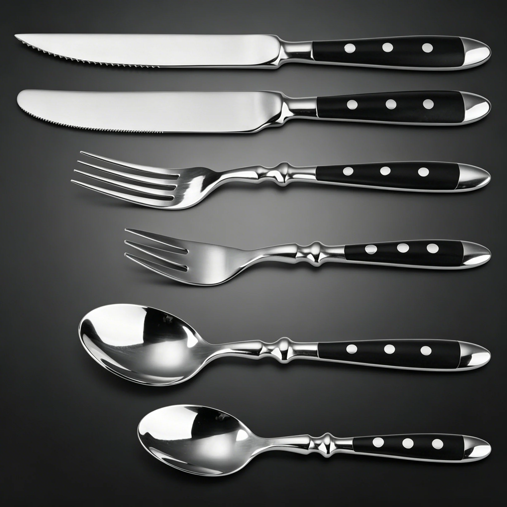 

6Pcs Black Handle Cutlery Set Stainless Steel Heavy Duty Riveted Flatware Knife Fork Spoon for Steak Dinner Home Restaurant