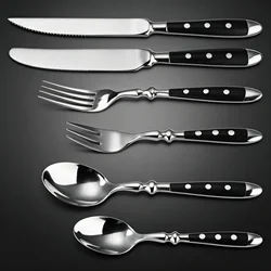 6Pcs Black Handle Cutlery Set Stainless Steel Heavy Duty Riveted Flatware Knife Fork Spoon for Steak Dinner Home Restaurant