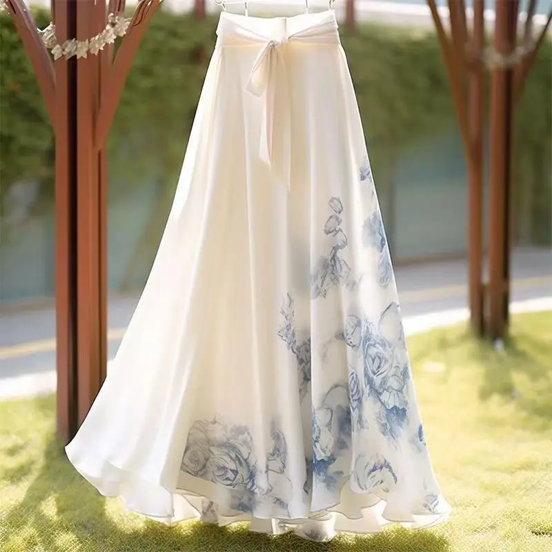 

Summer New White Chinese Style Printed High Waist Skirt