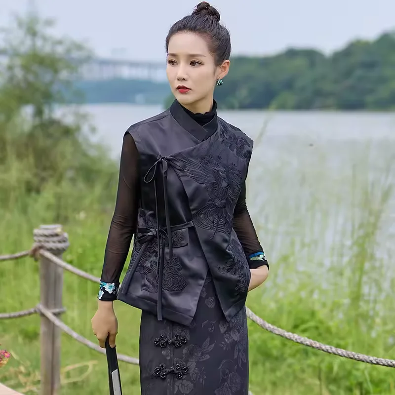 女性のためのヴィンテージの中国風ベスト,白い服,花,刺繍,ひも,エレガントな服,春と夏