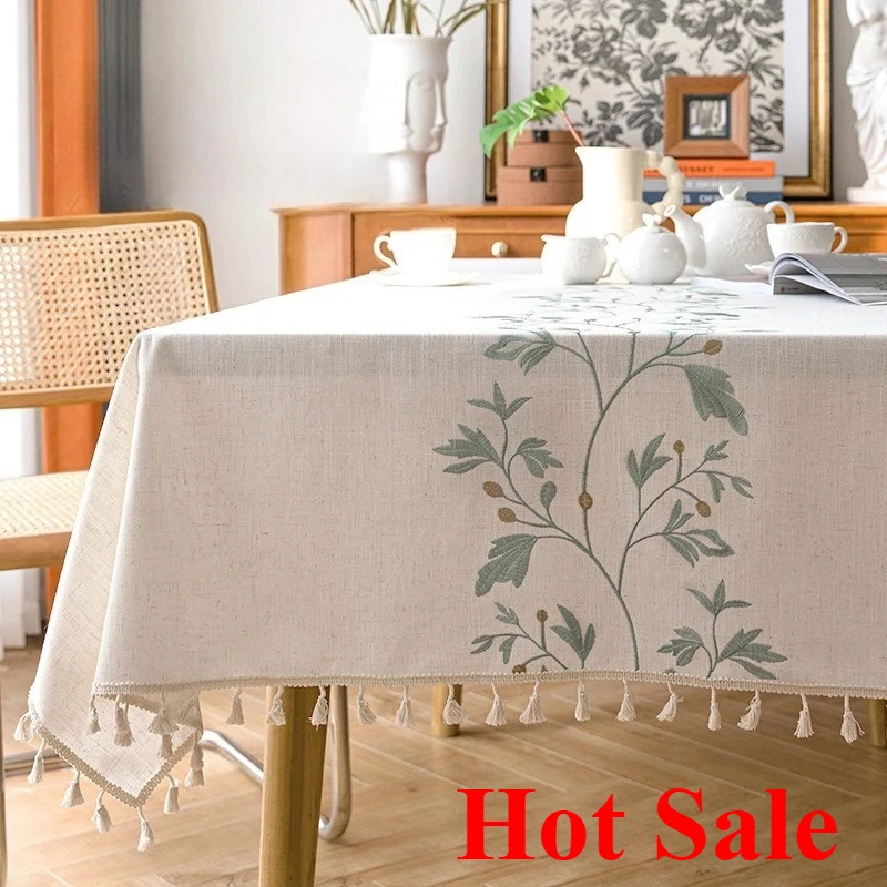 

2025 imitation cotton and linen dustproof tablecloth waterproof and oil-proof dining table embroidery tablecloth rectangle