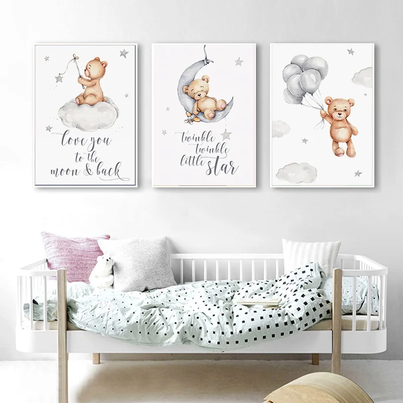 

3Pcs/Set Kawaii Animal Cloud Moon Balloon Bear Nursery Canvas Poster Picture Wall Decoration Scandinavian Kids's Room Home Decoration