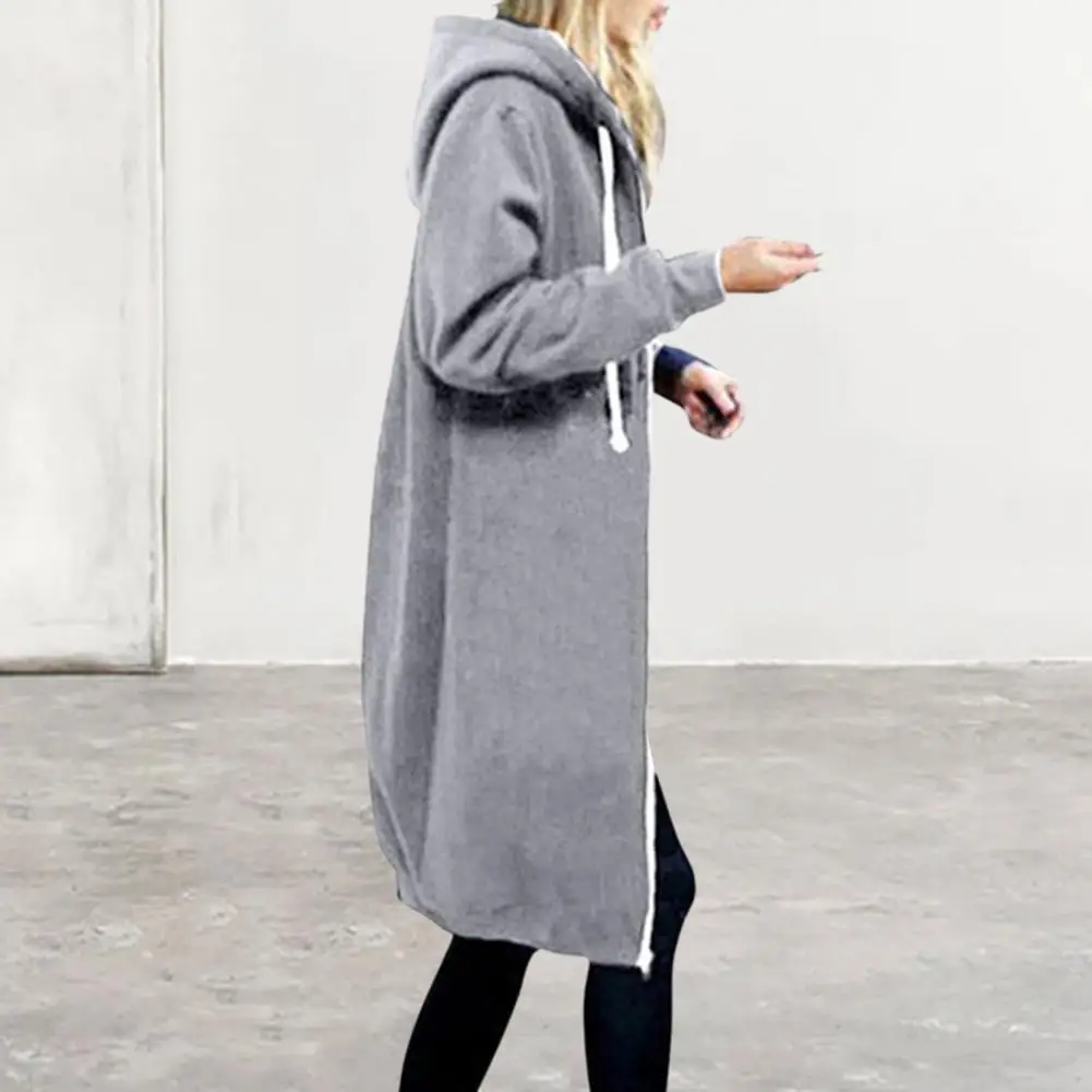 Dámská plyšová bunda s kapucí a stahovací šňůrkou, tlusté dlouhé rukávy, zip na zip, podzimní kabát s kapucí, dlouhá volná zimní mikina - náhled 2