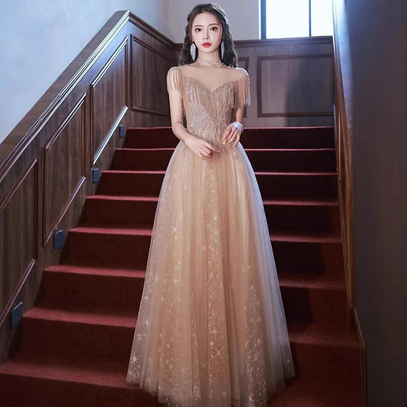 

Легкие роскошные вечерние платья с кисточками, женские бальные платья трапециевидной формы с короткими рукавами и аппликацией, элитное тюлевое платье для дня рождения