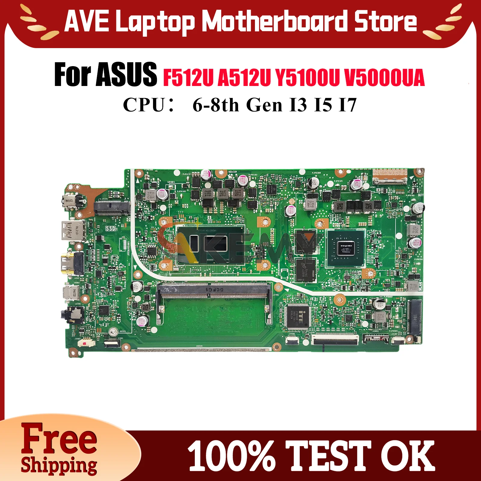 

X512UB Laptop Motherboard For ASUS VivoBook X512UF A512U V5000UA X512U X512UB F512U Y5100U Mainboard With I3 I5 I7 CPU tests OK
