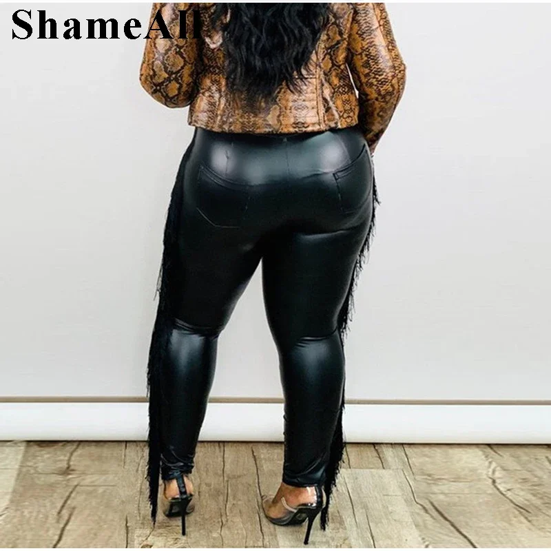 Plus Size Tassel Sexy Skinny Pu Leggings Pants 4XL Party Club High Waisted Push Up Stretchy Faux Leather Slim Fitness Jeggings