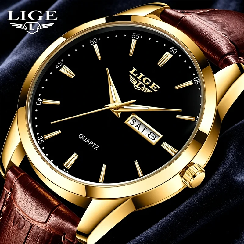 LIGE Gold Black Men's Watches Leather Luminous Waterproof Clock Weekly Calendar Simple Watches for Men Relogios Masculino+BOX