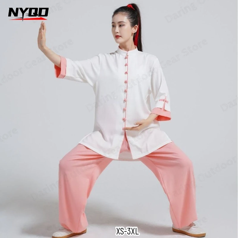Women Summer Cotton Linen Tai Chi Uniform 3/4 Sleeve Thin Wushu Kung Fu Set for Martial Arts Zen Meditation Practice
