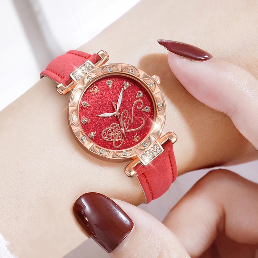 6PCS/Set Red Women Watch Simple Fashionable Leather Strap Quartz Wristwatch Love Element Watch Jewelry Set Gift For Mom