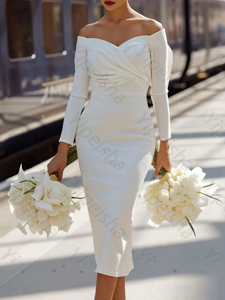 Elegant White Satin Off The Shoulder Midi Wedding Dresses Sexy Bridal Dress Exquisite High Quality Prom Party Gowns Customized