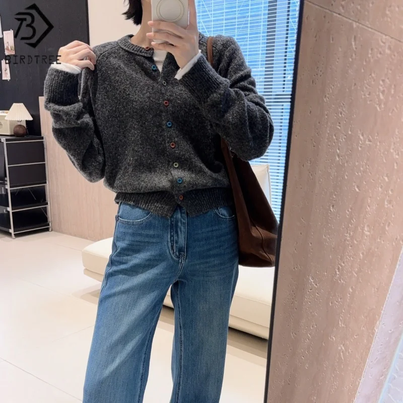 

Birdtree, вязаный кардиган из 100% овечьей шерсти в горошек, женский однобортный трикотаж с круглым вырезом, осеннее теплое пальто 2025 T59024JF