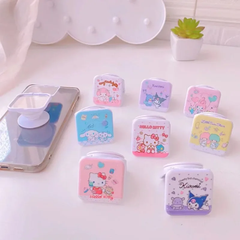 New Sanrio Hello Kitty My Melody Kuromi Cartoon Convenient Folding Telescopic Mobile Phone Holder Square Beauty Mirror Dual Use