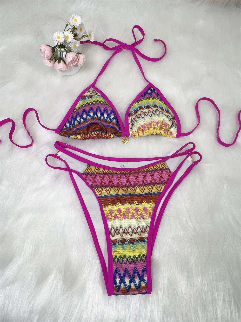 

Vintage Knitted Color-block Bikini Hollow Out String Pendant Swimsuit Women Backless Swimwear Thong Vacation Outfit Bathing Suit