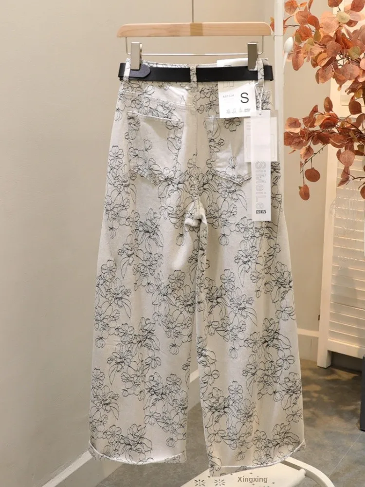 

Retro Floral Wide Leg Pants Women's Loose Versatile Print Denim Long Trousers Casual Sle High Waist Nine Points Zipper