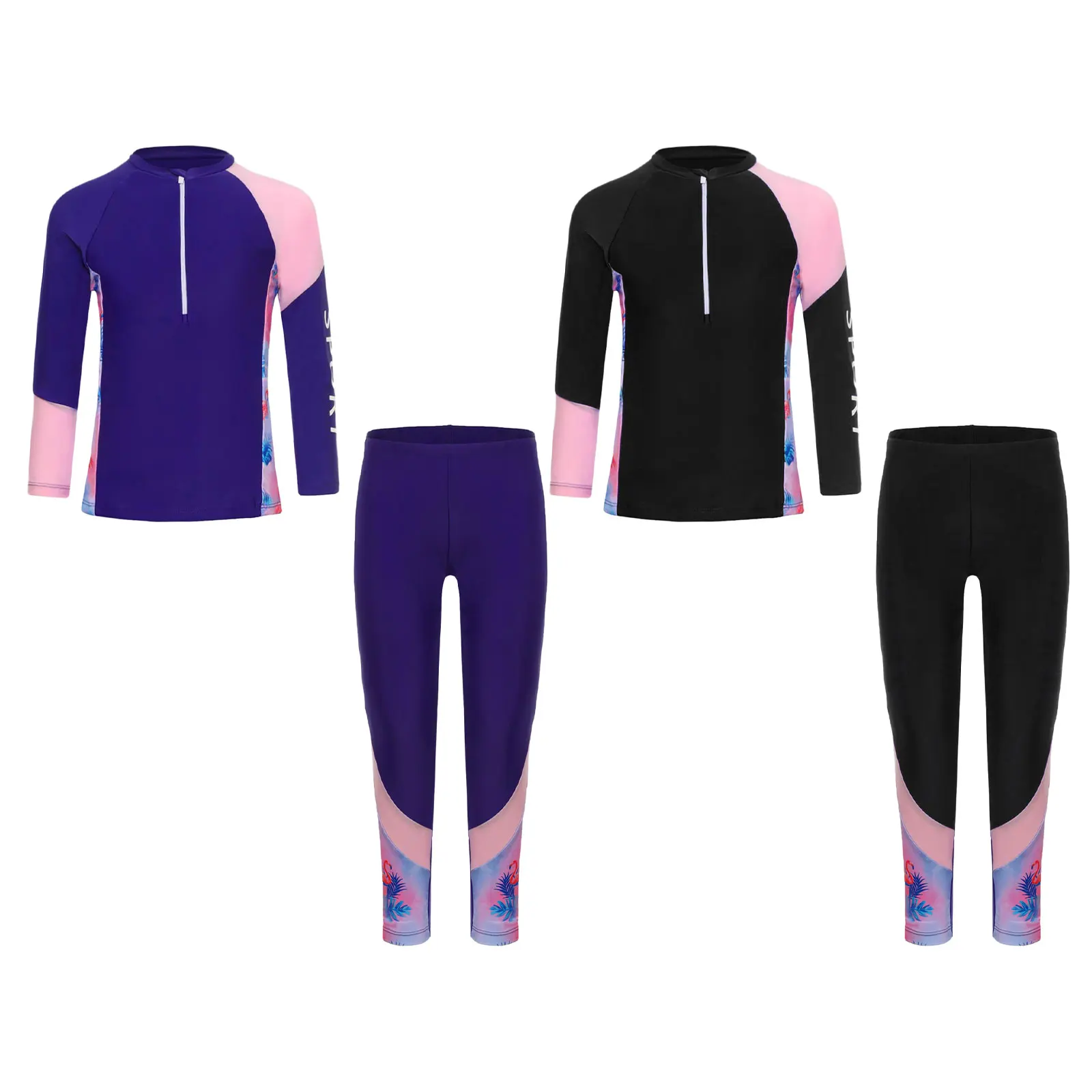 

Girl 2Pcs Rash Guard Swimsuit Long Sleeves Zipper Top Pants Bathing Suit Tropical Print Sun Protection Summer Breathable Clothes
