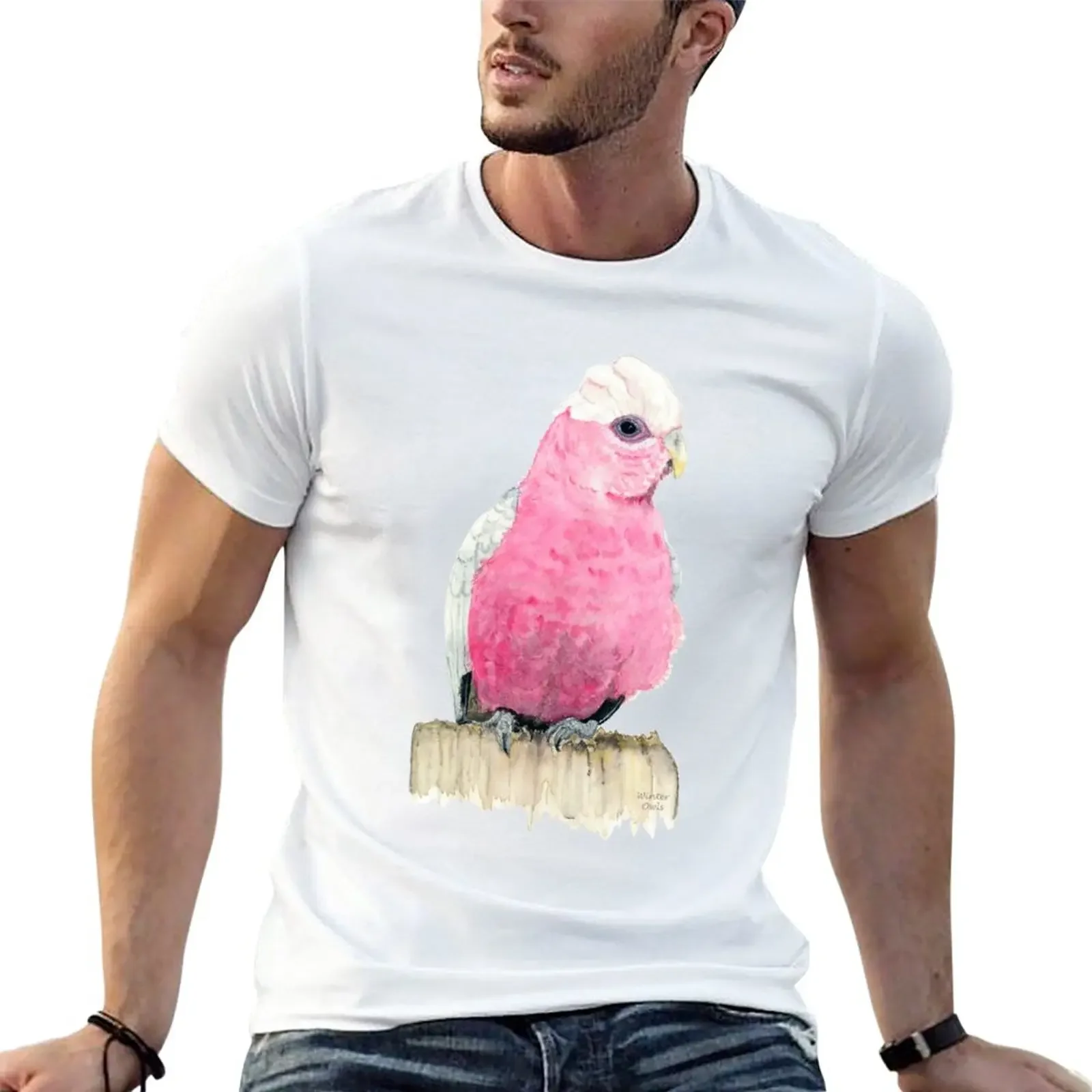 Pink Galah Watercolour Painting, Australian Native Bird Art T-Shirt plus size tops new edition t shirt men t shirts