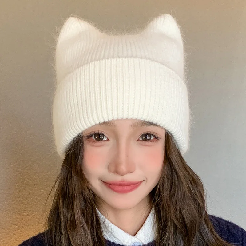 Autumn Winter Knitte Women's Hat Rabbit Hair Cute Cat Ears Beanies For Women Warm Ear Protection Sweet Pullover Knitted Beanie