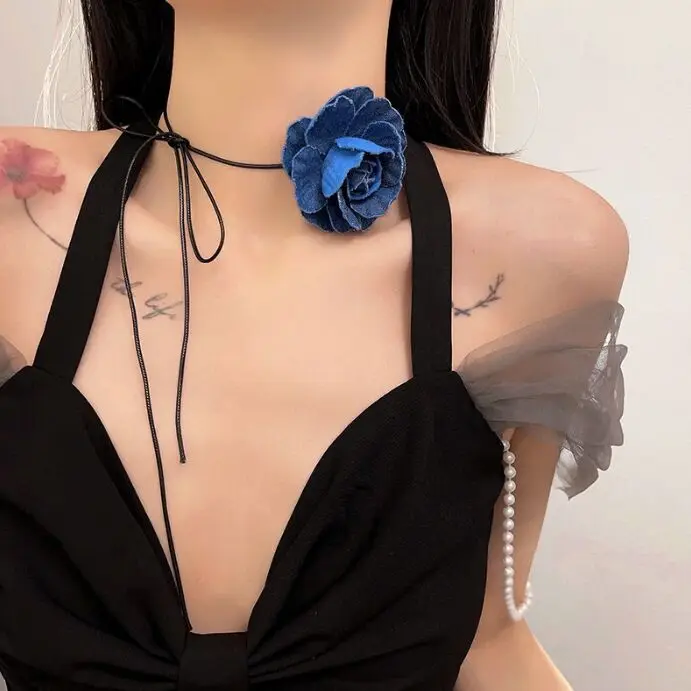 Vintage French Flower Choker Necklace Fringe Tie Adjustable Collarbone Chain