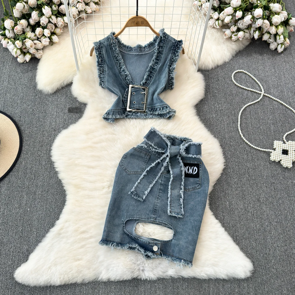 Sexy Denim Skirt Set Spice Retro V-neck Wooden Ear Edge Sleeveless Jeans Tops + High Fanny Pack Hip Bow Skirt Clothing Suits