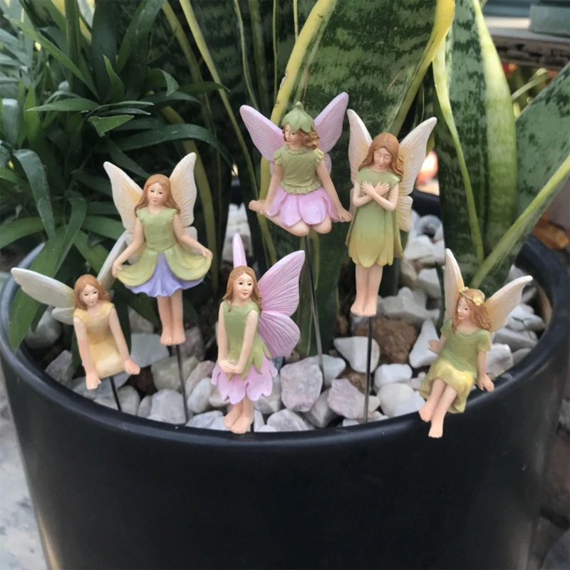 6 Pcs/Set Mini Fairy Figurines Resin Garden Fairies Stakes Miniature Statues Outdoor Garden Pot Plants Decoration Arts Sculpture