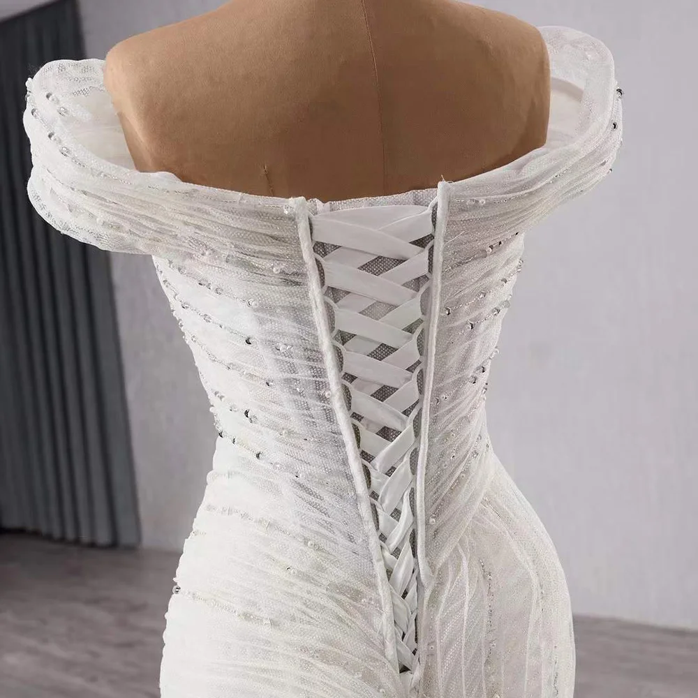 с iyoдебное плаokubя Vestido de novia con hombros descubiertos y escote en forma de corazón con cuentas y cordones en la espalda Vestido de novia sexy con volantes