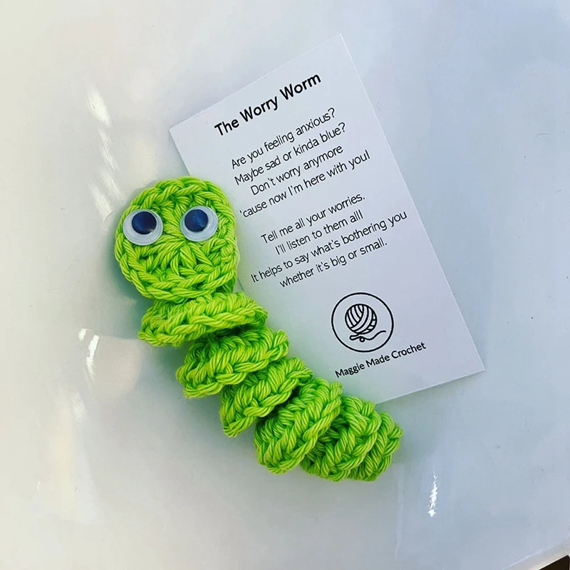 Handmade Emotional Support Worry Worm Gift, Crochet Worry Worm Inspirational Cares For You, Cute Knitted Gift, Easy Install B