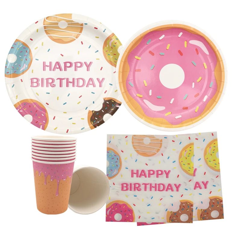 8 Stück Einweggeschirr mit Donut-Thema, Teller, Servietten, Babyparty, Geburtstagsparty-Dekorationen, alles Gute zum Geburtstag, Partyzubehör